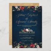 Romantischer Burgunder Wasserfarbe Rote Navy Gold  Einladung (Vorne/Hinten)