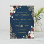 Romantischer Burgunder Wasserfarbe Rote Navy Gold Einladung (Stehend Vorderseite)