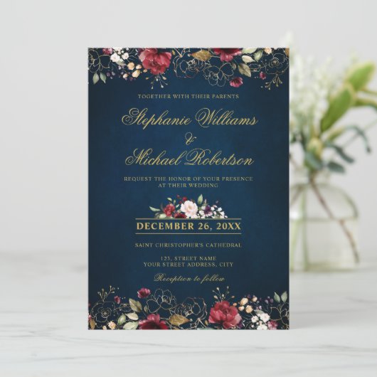 Romantischer Burgunder Wasserfarbe Rote Navy Gold Einladung (Stehend Vorderseite)