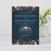 Romantischer Burgunder Wasserfarbe Rote Navy Gold Einladung (Stehend Vorderseite)