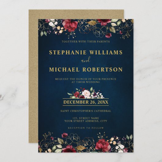 Romantischer Burgunder Wasserfarbe Rote Navy Gold Einladung (Vorne/Hinten)