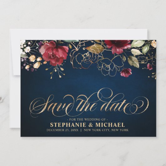 Romantischer Burgunder Wasserfarbe Rote Navy Gold  Save The Date (Vorderseite)