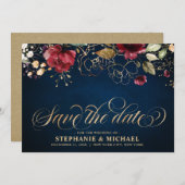 Romantischer Burgunder Wasserfarbe Rote Navy Gold  Save The Date (Vorne/Hinten)