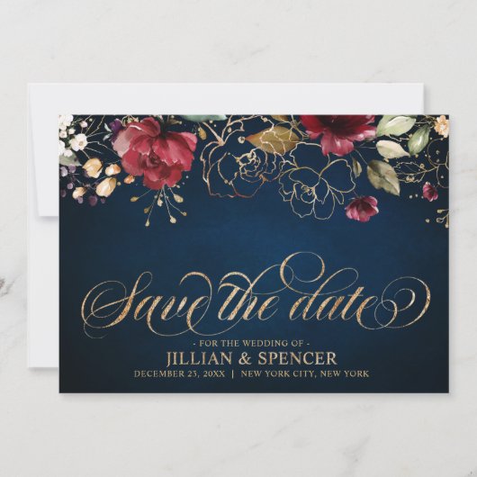 Romantischer Burgunder Wasserfarbe Rote Navy Gold Save The Date (Vorderseite)