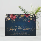 Romantischer Burgunder Wasserfarbe Rote Navy Gold Save The Date (Stehend Vorderseite)