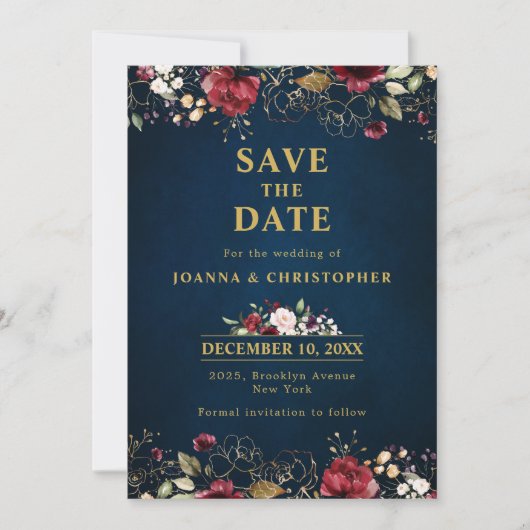 Romantischer Burgunder Wasserfarbe Rote Navy Gold  Save The Date (Vorderseite)
