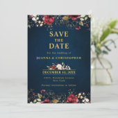 Romantischer Burgunder Wasserfarbe Rote Navy Gold  Save The Date (Stehend Vorderseite)