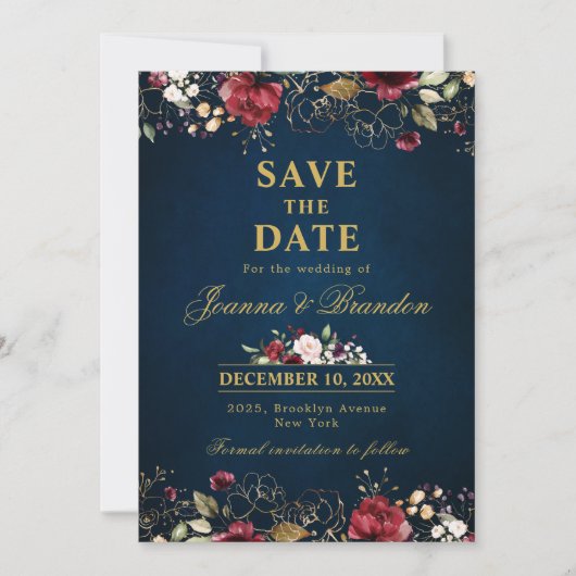 Romantischer Burgunder Wasserfarbe Rote Navy Gold  Save The Date (Vorderseite)