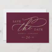 Romantischer Burgundy Calligraphy QR Code Horizont Save The Date (Vorderseite)