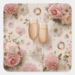 Romantischer Champagner Toast mit eleganten Blume Quadratischer Aufkleber