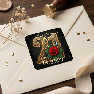 Romantischer Chic Gold-Filigran Rote Rose 21. Gebu Quadratischer Aufkleber