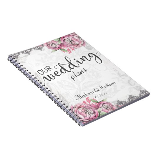 Romantischer Chic Peony Floral & Lace Hochzeitspla Notizblock (Rechte Seite)