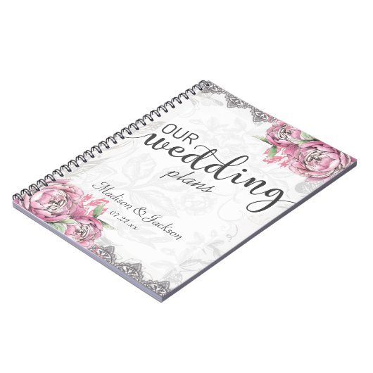 Romantischer Chic Peony Floral & Lace Hochzeitspla Notizblock (Linke Seite)