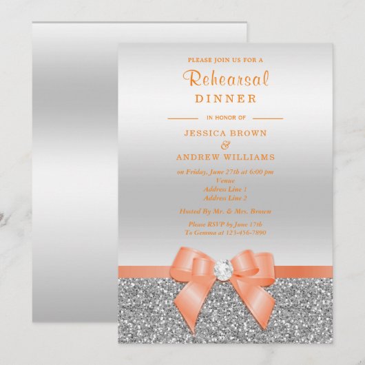 Romantischer Cora Bow, Silver Glitzer Probe Dinner Einladung (Vorne/Hinten)