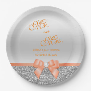 Romantischer Coral Bow & Silver Glitzer Hochzeit Pappteller