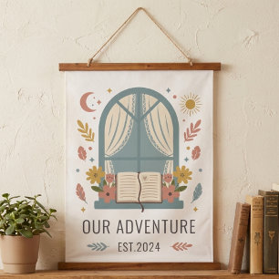 Romantischer Cottage-Fenster-Blumen-Kunstdruck Wandteppich Mit Holzrahmen