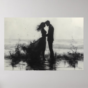 Romantischer Couple Kiss in Splashes am Meer Poster
