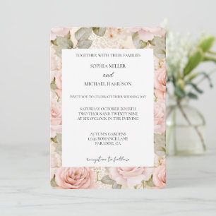 Romantischer Creme-Blush Rosa Rosen Blumen Hochzei Einladung