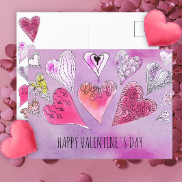 Romantischer Doodle Watercolor Herzchen Valentinst Postkarte