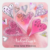 Romantischer Doodle Watercolor Herzchen Valentinst Quadratischer Aufkleber (Vorderseite)
