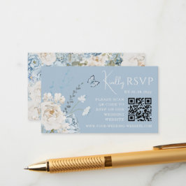 Romantischer Dusty Blue Floral Wedding RSVP QR Cod Begleitkarte