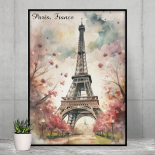 Romantischer Eiffelturm Paris Aquarell Floral Poster