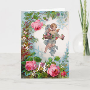 ROMANTISCHER ENGEL Sammelt ROSEN und BLUMEN Feiertagskarte