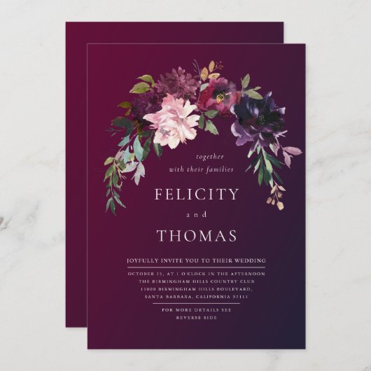 Romantischer Fall Floral Burgundy Wash QR Code Hoc Einladung (Vorne/Hinten)