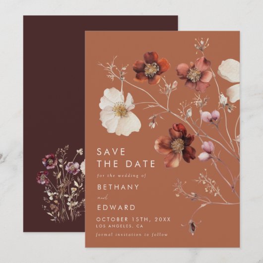 Romantischer Fall Terracotta Wildblume Hochzeit Save The Date (Vorne/Hinten)