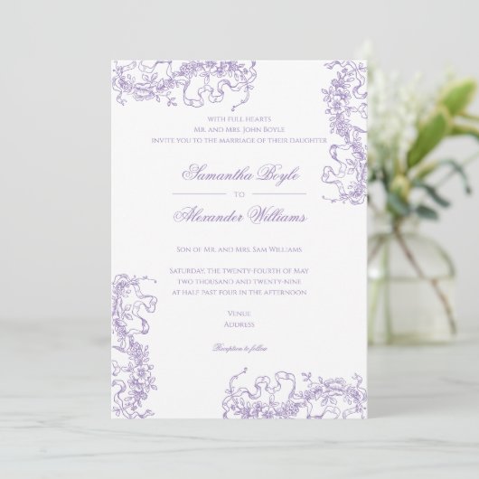 Romantischer französischer Rokoko Lavender Wedding Einladung (Stehend Vorderseite)