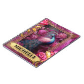 Romantischer Fuchsia-Pfau und Rose Fantasie Notizblock (Linke Seite)