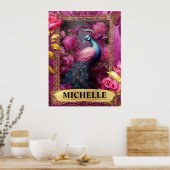 Romantischer Fuchsia-Pfau und Rose Fantasie Poster (Küche)