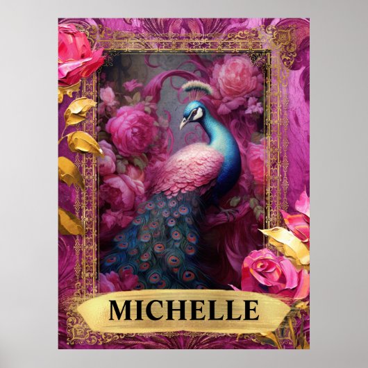 Romantischer Fuchsia-Pfau und Rose Fantasie Poster (Vorne)