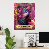 Romantischer Fuchsia-Pfau und Rose Fantasie Poster (Heimbüro)