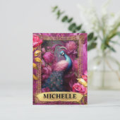 Romantischer Fuchsia-Pfau und Rose Fantasie Postkarte (Stehend Vorderseite)