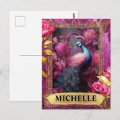 Romantischer Fuchsia-Pfau und Rose Fantasie Postkarte (Vorne/Hinten)
