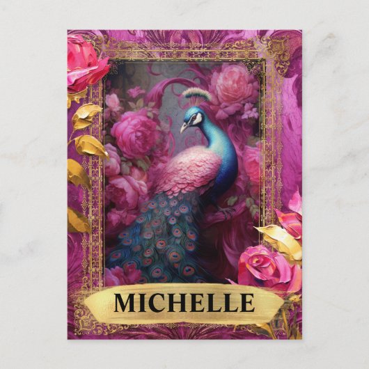 Romantischer Fuchsia-Pfau und Rose Fantasie Postkarte (Vorderseite)
