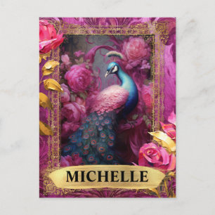 Romantischer Fuchsia-Pfau und Rosen Fantasy Postkarte