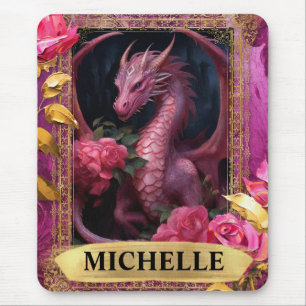 Romantischer Fuchsien-Drache und Rosen-Fantasy Mousepad