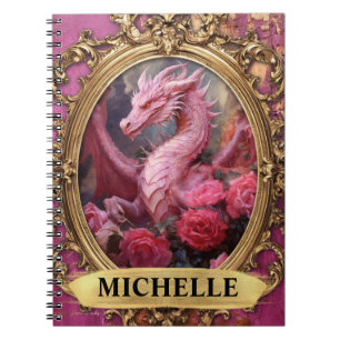 Romantischer Fuchsien-Drache und Rosen-Fantasy Notizblock
