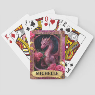 Romantischer Fuchsien-Drache und Rosen-Fantasy Spielkarten
