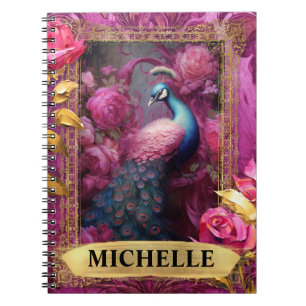 Romantischer Fuchsien-Pfau und Rosen-Fantasie Notizblock