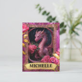 Romantischer Fuchsiendrache und Rose Fantasie Postkarte (Stehend Vorderseite)