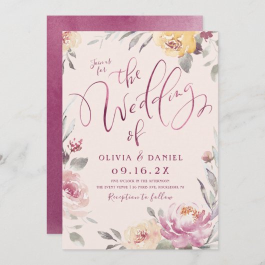 Romantischer Garten Aquarell Hochzeit mit Blumen Einladung (Vorne/Hinten)