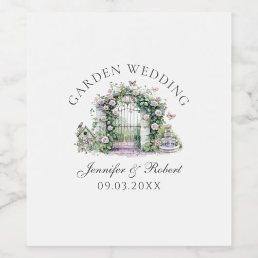 Romantischer Garten Hochzeitsbrunnen Weinetikett (Einzelnes Label)