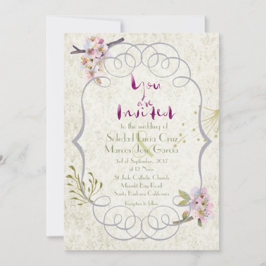 Romantischer Garten Magenta Extravagante Hochzeit  Einladung (Vorderseite)