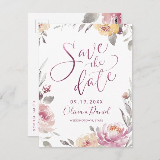 Romantischer Garten Moderne Kalligraphie Save the  Postkarte (Vorne/Hinten)