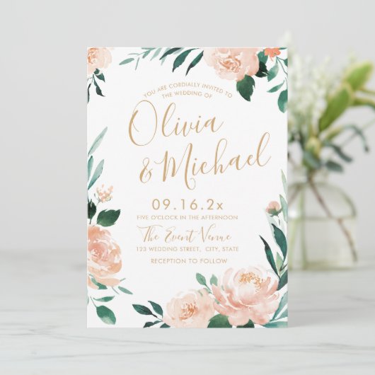 Romantischer Garten Peach Aquarell Hochzeit Einladung (Stehend Vorderseite)