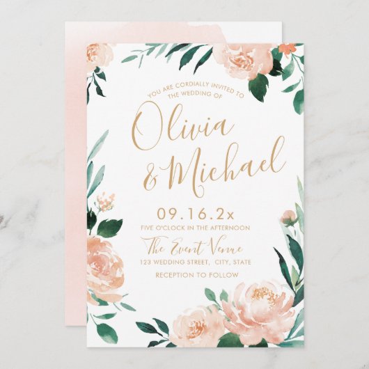 Romantischer Garten Peach Aquarell Hochzeit Einladung (Vorne/Hinten)