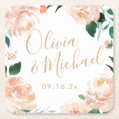 Romantischer Garten Peach Aquarell Hochzeit Rechteckiger Pappuntersetzer (Vorderseite)